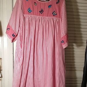 Pull on night gown pink white stripe butterfly embroidery size 2X cotton